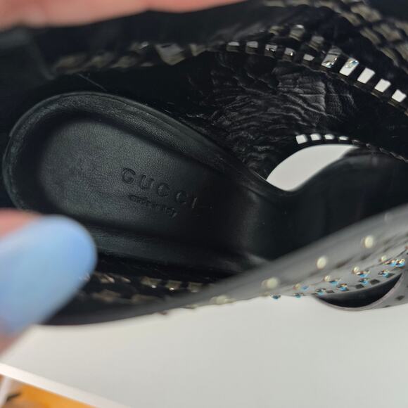 Gucci Lika Laser Cut Black Leather Jewel Studded Heeled Open Toe Booties 40 - Picture 9 of 15